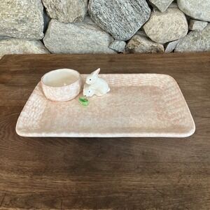 Custom Pottery Rabbit Platter Tray Dish Pink Bunny Easter‎ With Bowl, Unmarked